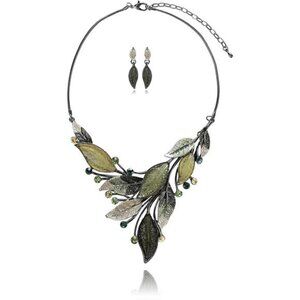 Vintage Statement Jewelry Set - Spring Leaf Flower Floral Plant Necklace Earring